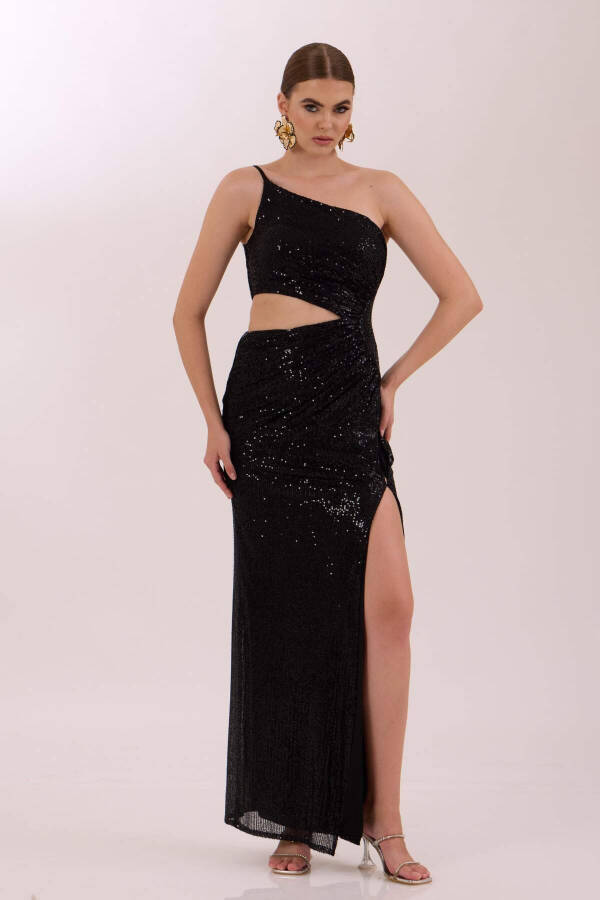 Black one-shoulder sequin evening dress - 1