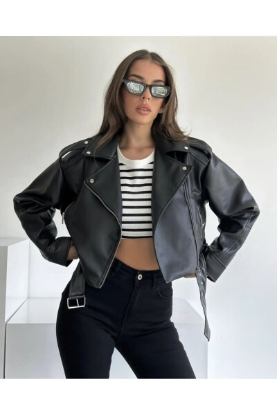 Black Oversized Belted Leather-look Jacket - 4