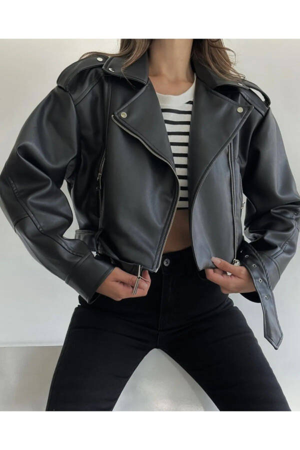 Black Oversized Belted Leather-look Jacket - 5