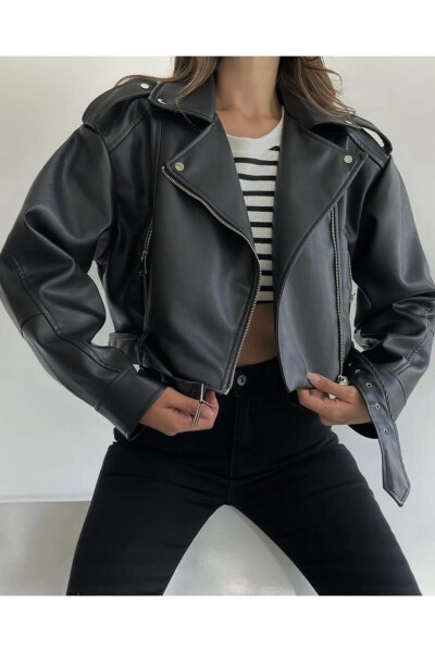 Black Oversized Belted Leather-look Jacket - 1