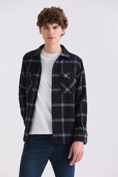 Black Oversized Loose Fit Plaid Cotton Pocket Flannel Shirt - 1