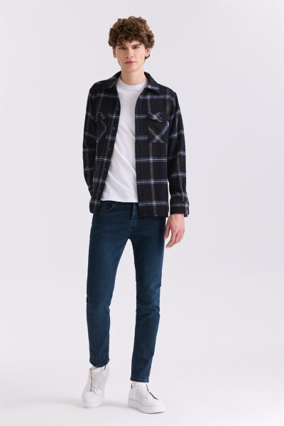 Black Oversized Loose Fit Plaid Cotton Pocket Flannel Shirt - 2