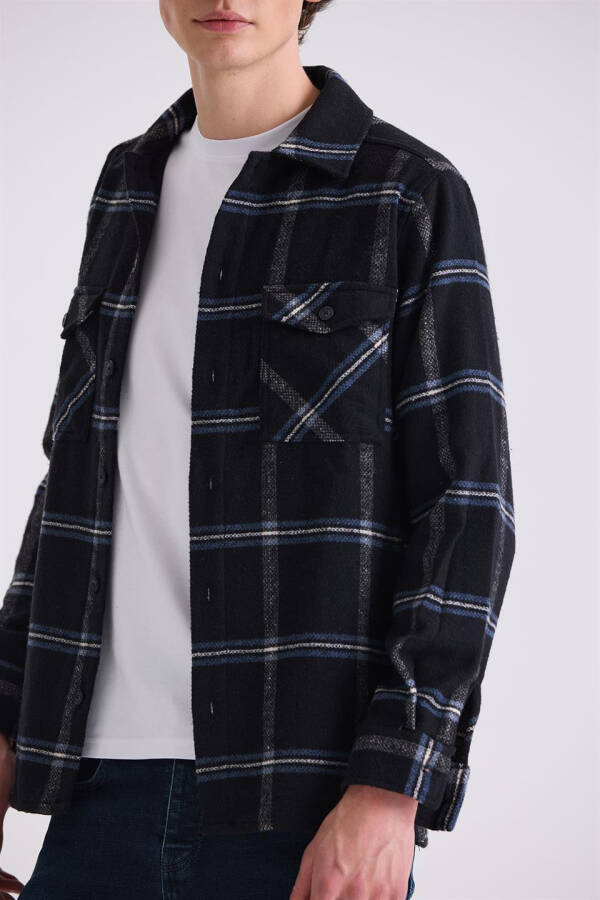 Black Oversized Loose Fit Plaid Cotton Pocket Flannel Shirt - 3