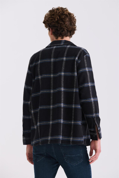 Black Oversized Loose Fit Plaid Cotton Pocket Flannel Shirt - 4