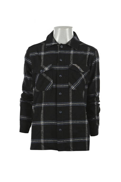 Black Oversized Loose Fit Plaid Cotton Pocket Flannel Shirt - 5