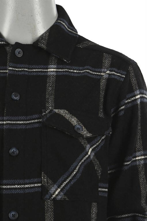 Black Oversized Loose Fit Plaid Cotton Pocket Flannel Shirt - 6