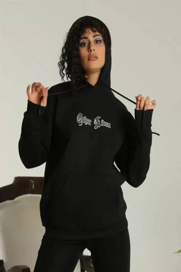 Black, oversized, three thread hooded sweatshirt. - 1