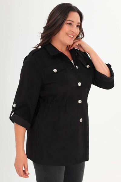 Black oversized trench coat with pockets and elastic waist. - 3