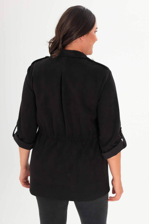 Black oversized trench coat with pockets and elastic waist. - 5