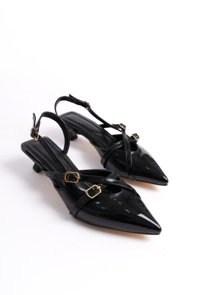 Black Patent Leather 3 cm Heel Shoes with Strap Buckle Detail Pointed Toe - 12