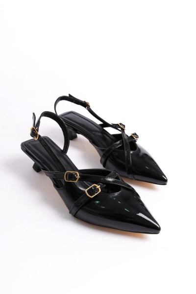 Black Patent Leather 3 cm Heel Shoes with Strap Buckle Detail Pointed Toe - 4