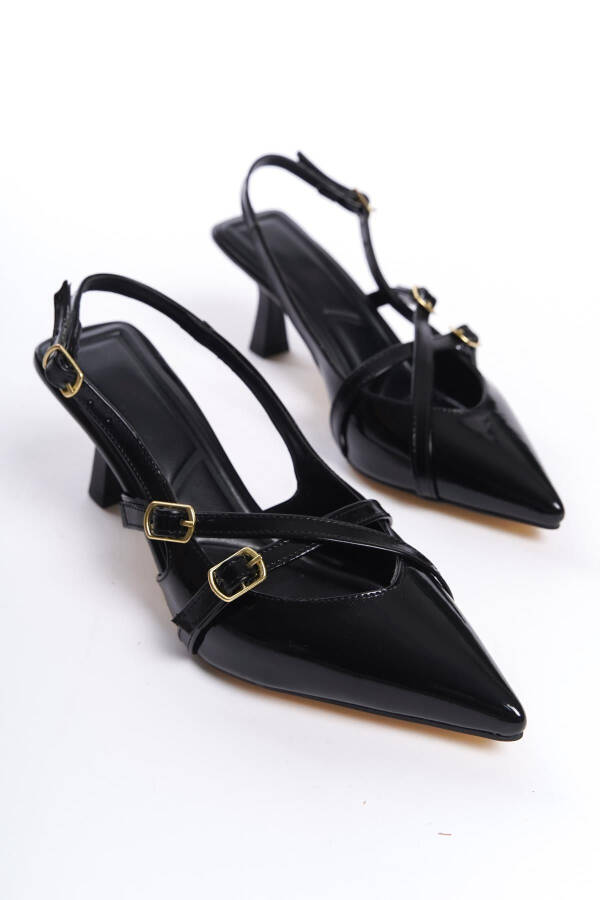 Black Patent Leather Pointed Toe Buckle Heeled Shoes - 2