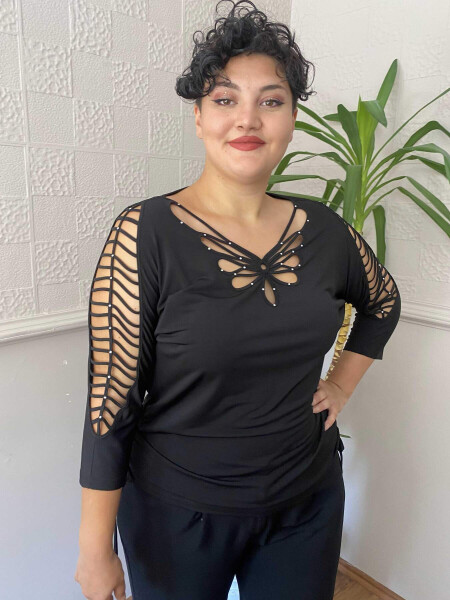 Black Plus Size Blouse with Cross-Strapped Sleeves and Stones - 1