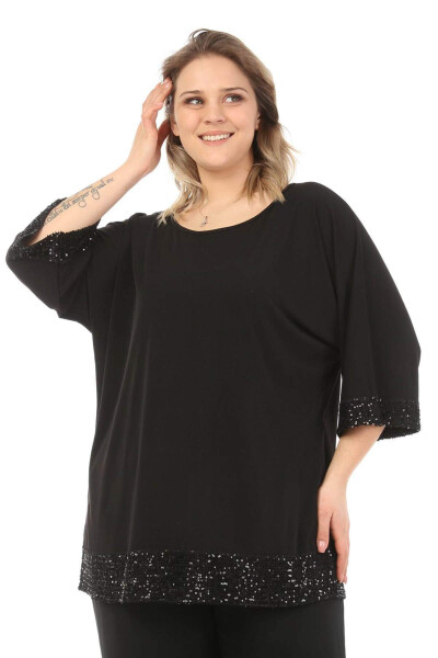 Black Plus Size Tunic with Sequined Sleeves and Hem - 1