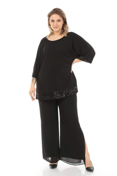 Black Plus Size Tunic with Sequined Sleeves and Hem - 2