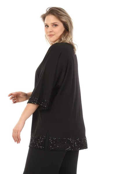 Black Plus Size Tunic with Sequined Sleeves and Hem - 3