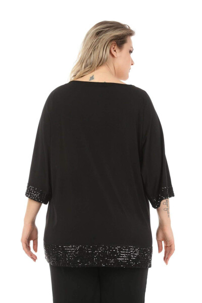 Black Plus Size Tunic with Sequined Sleeves and Hem - 4