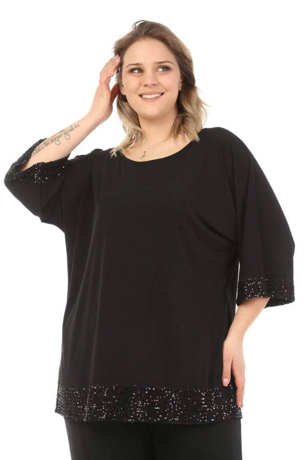 Black Plus Size Tunic with Sequined Sleeves and Hem - 9