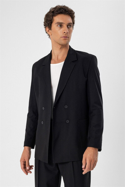 Black Pocket Flap Double Breasted Men's Blazer Jacket - 17