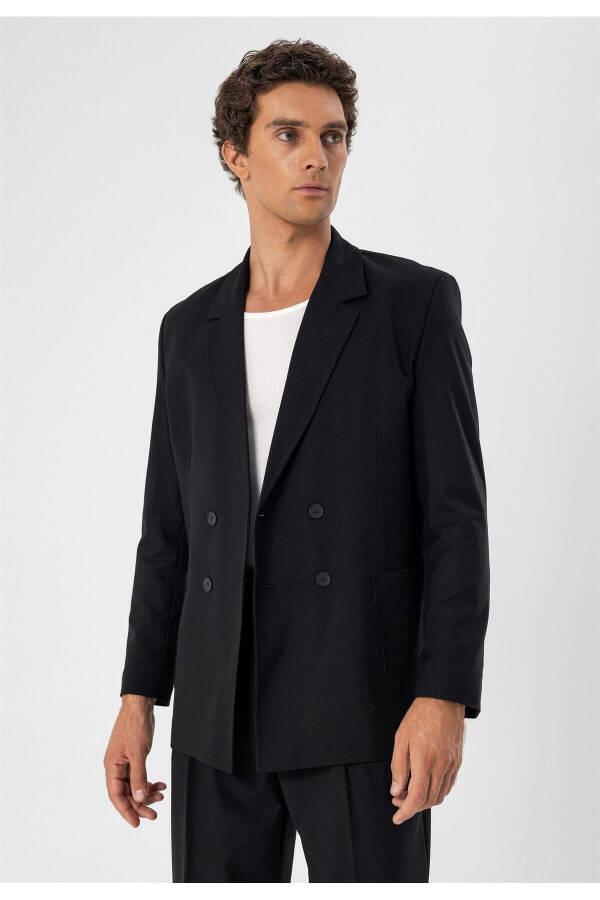 Black Pocket Flap Double Breasted Men's Blazer Jacket - 21