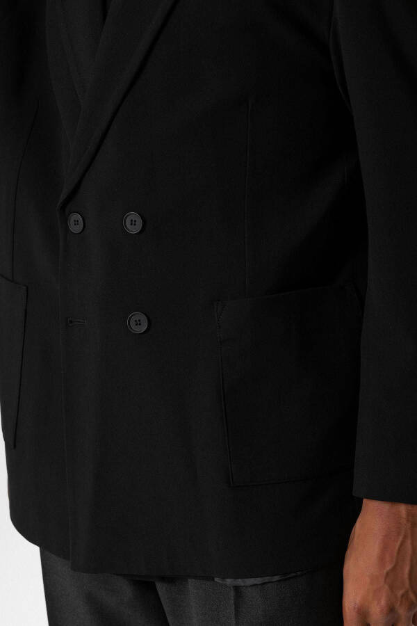 Black Pocket Flap Double Breasted Men's Blazer Jacket - 4