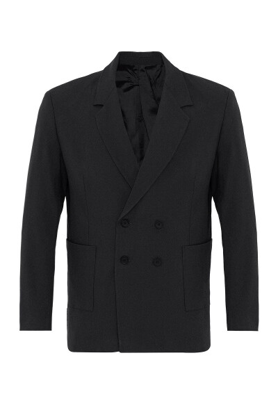 Black Pocket Flap Double Breasted Men's Blazer Jacket - 6