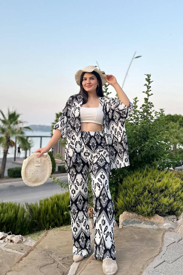 Black Printed Two-Piece Kimono Set (Relaxed Fit) - 5