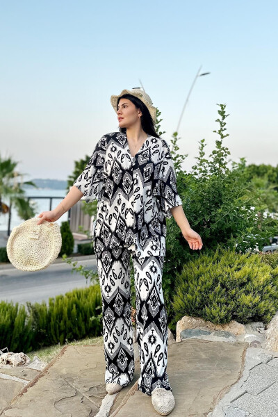 Black Printed Two-Piece Kimono Set (Relaxed Fit) - 2