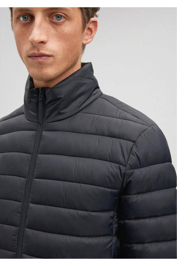 Black Puffer Jacket with Stand Collar - 4