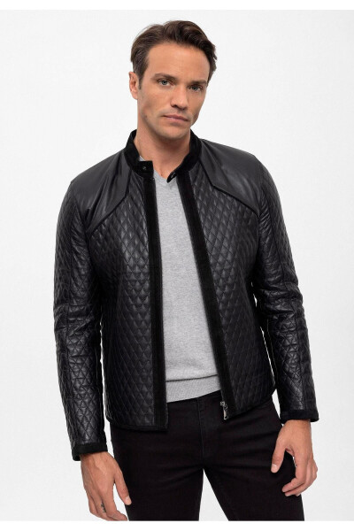 Black Quilted Suede Leather Jacket with Black Trim and Zipper - 1