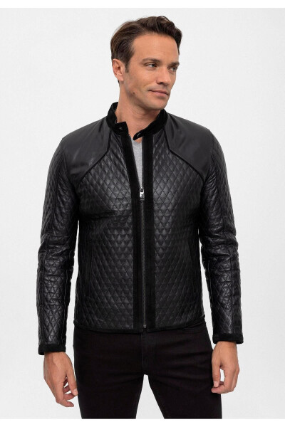 Black Quilted Suede Leather Jacket with Black Trim and Zipper - 2