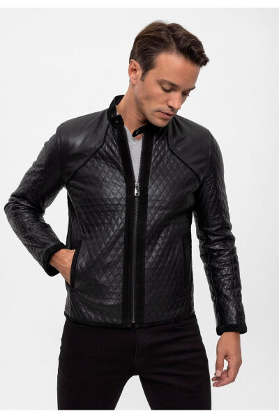 Black Quilted Suede Leather Jacket with Black Trim and Zipper - 3