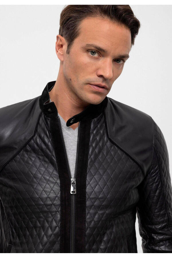 Black Quilted Suede Leather Jacket with Black Trim and Zipper - 5