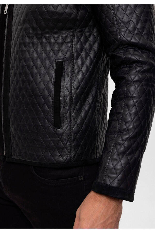 Black Quilted Suede Leather Jacket with Black Trim and Zipper - 6