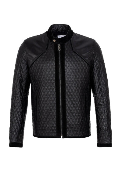 Black Quilted Suede Leather Jacket with Black Trim and Zipper - 7