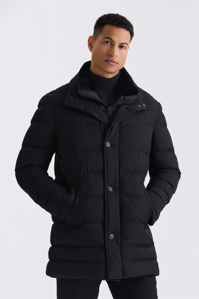 Black Regular Fit Fur Collar Buttoned Puffer Jacket - 1