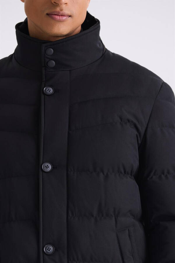 Black Regular Fit Fur Collar Buttoned Puffer Jacket - 4