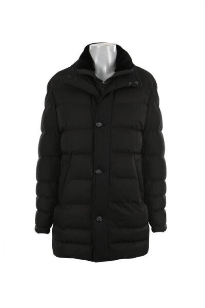 Black Regular Fit Fur Collar Buttoned Puffer Jacket - 5