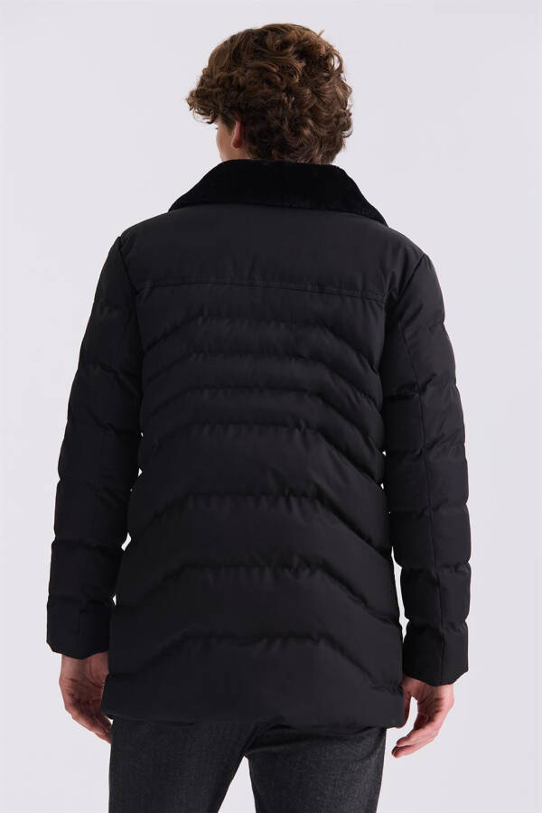 Black Regular Fit Fur Collar Winter Jacket - 4