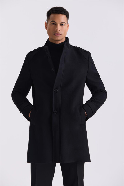 Black Regular Fit Notch Lapel Epaulet Wool Pea Coat - 1