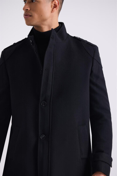 Black Regular Fit Notch Lapel Epaulet Wool Pea Coat - 3