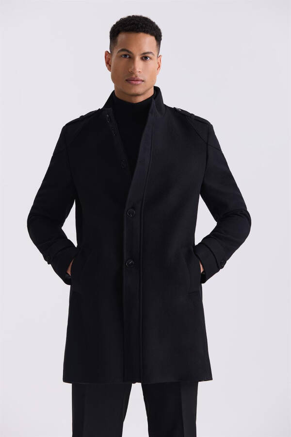 Black Regular Fit Notch Lapel Epaulet Wool Pea Coat - 1