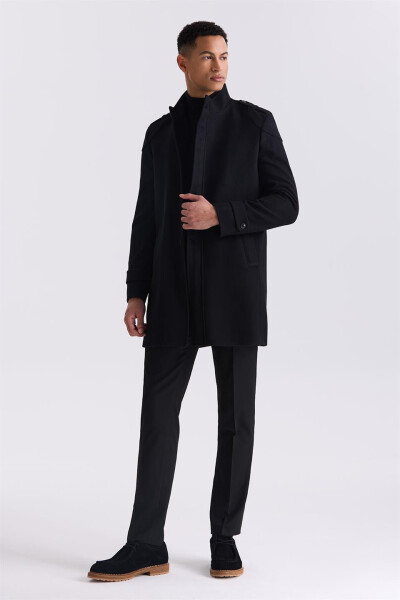 Black Regular Fit Notch Lapel Epaulet Wool Pea Coat - 2