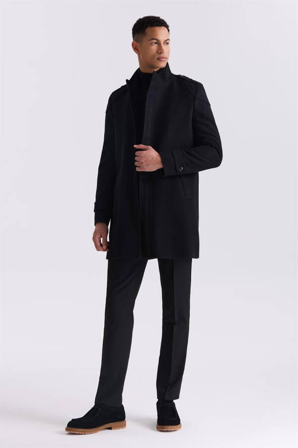 Black Regular Fit Notch Lapel Epaulet Wool Pea Coat - 2