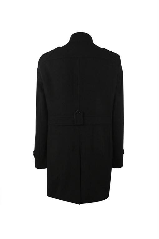 Black Regular Fit Notch Lapel Epaulet Wool Pea Coat - 7