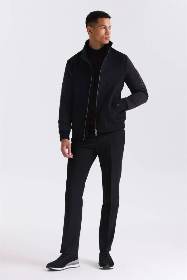 Black Regular Fit Notch Lapel Zippered Winter Coat - 6