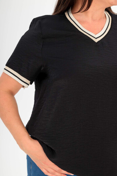 Black ribbed knit top with band, plus size - 4