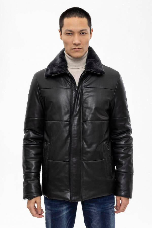 Black Romeo Fur Collar Quilted and Isolin Lined Zippered Men's Genuine Leather Jacket - 2