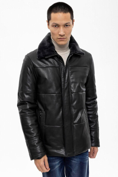 Black Romeo Fur Collar Quilted and Isolin Lined Zippered Men's Genuine Leather Jacket - 3