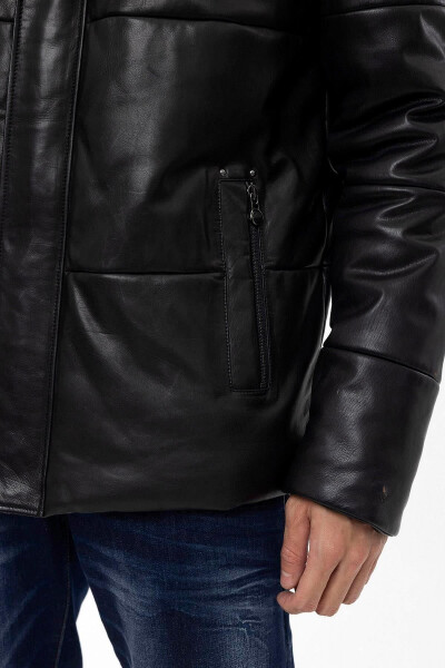 Black Romeo Fur Collar Quilted and Isolin Lined Zippered Men's Genuine Leather Jacket - 5